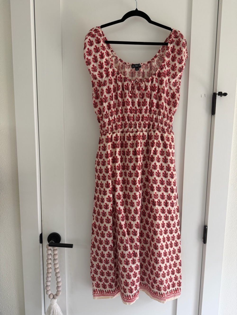 J. Crew Cream Midi Dress with Red Floral Print